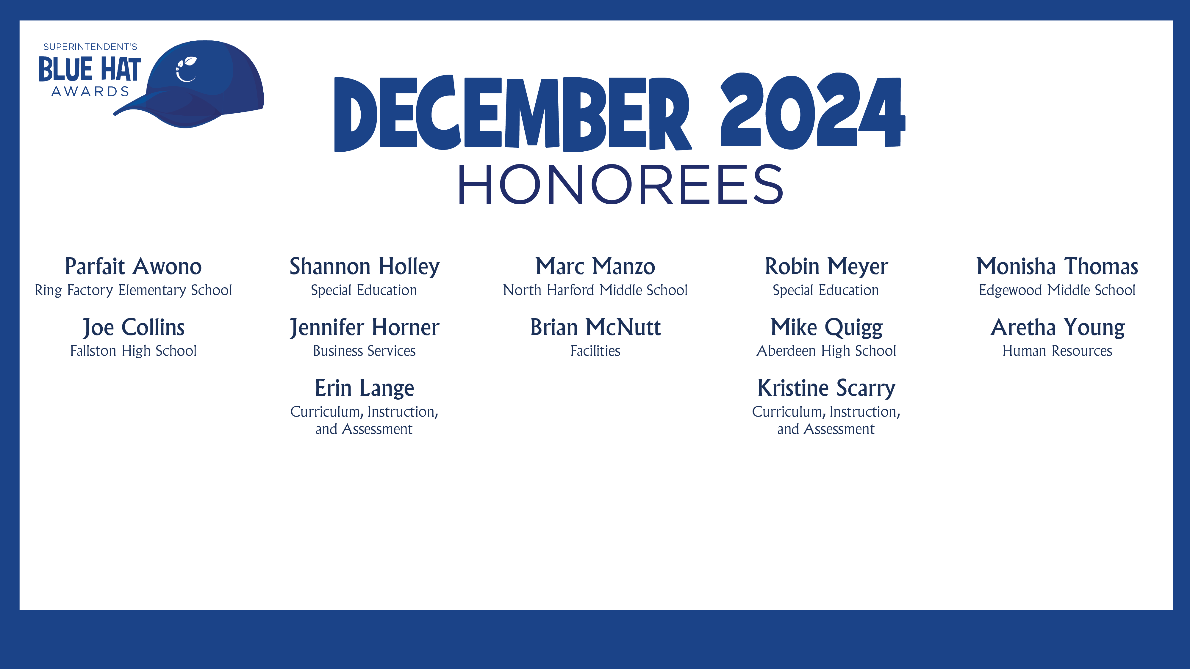 HCPS Blue Hat Honorees - December 2024